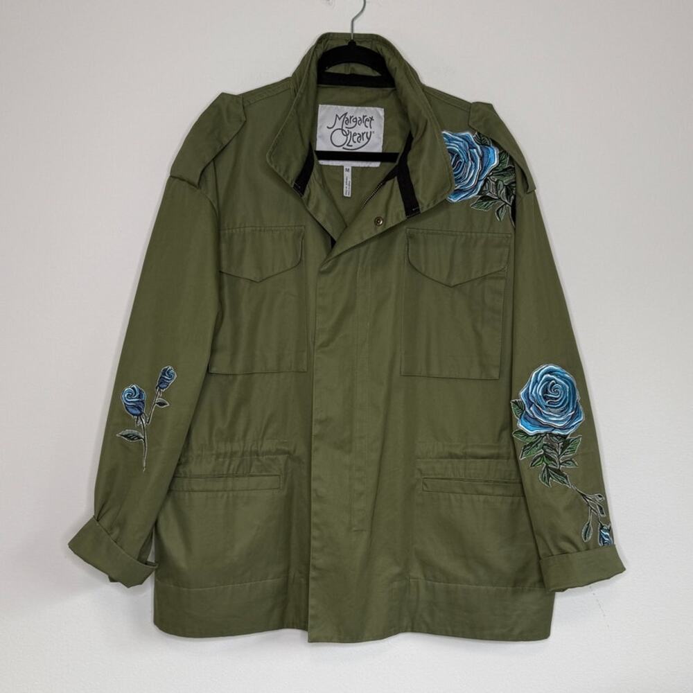 Military Style Statement Coat Embroidered Floral Utility Jacket Olive Green